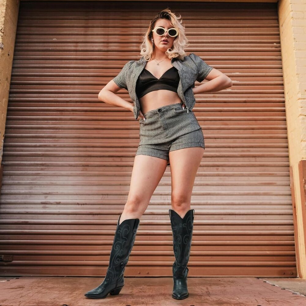 Women's Embroidered Knee-High Western Boots Pointy Toe with Chunky Heel - Picture 7 of 7